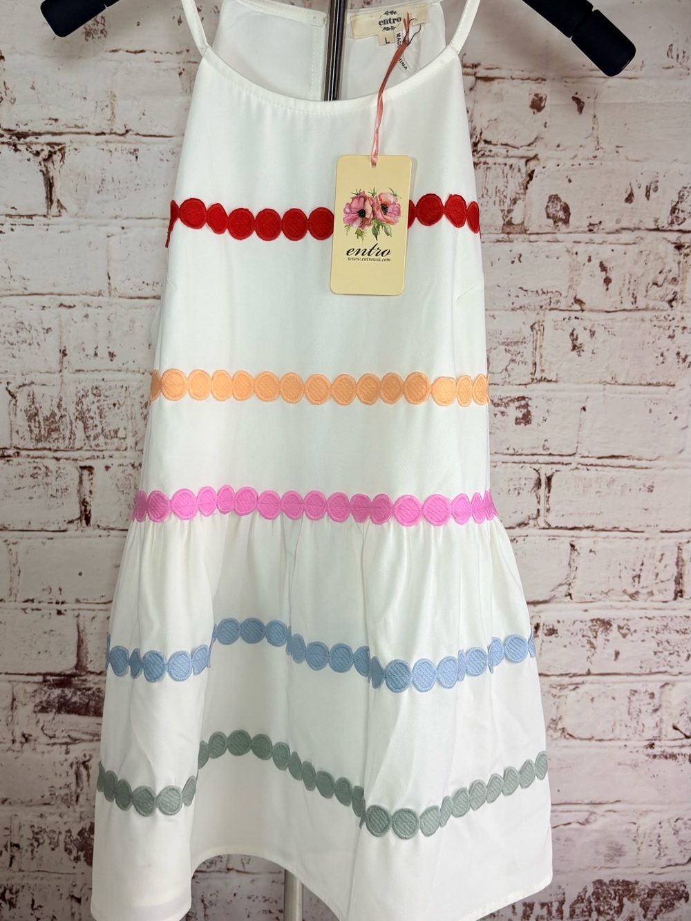 entro White Multicolor Stripe Embroidered Tank Dress
